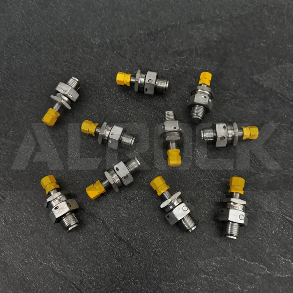 Front view of gas valve 80759069 designed for rock drills, featuring heavy-duty construction for hydraulic accumulator systems