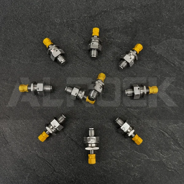 Front view of gas valve 80759069 designed for rock drills, featuring heavy-duty construction for hydraulic accumulator systems